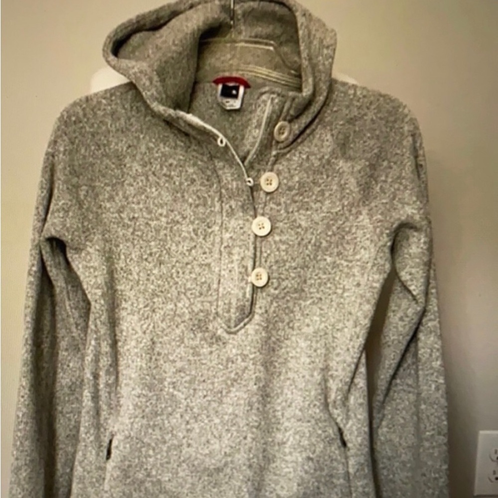 North Face “Crescent Sunshine” cold weather fleece, gray pullover w/hood, XS/S!